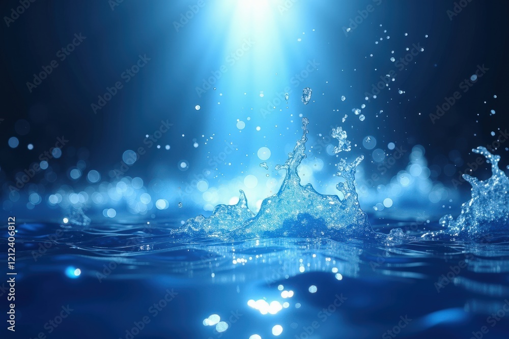 Poster stunning close-up of water droplets splashing in illuminated blue background with sunlight rays and 