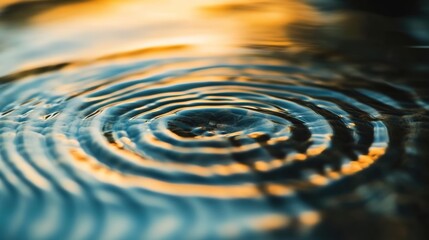 A close-up of ripples in water, with the focus on one ripple centered and surrounded by blurred waves. The background is a soft blue color with golden light reflecting off it. 