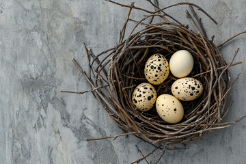 Obraz premium Rustic spring nest with speckled eggs and natural branches, perfect for Easter decorations, seasonal celebrations, and nature-inspired themes