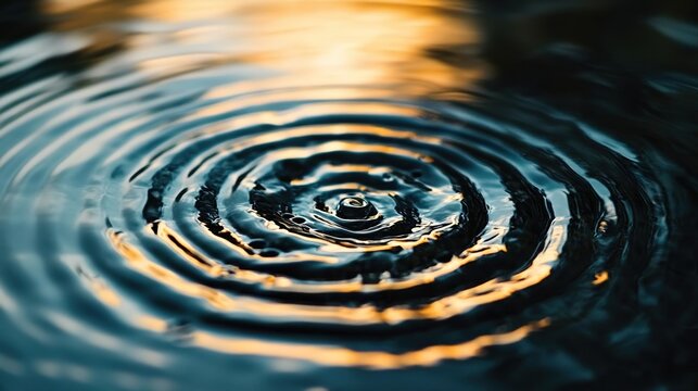 A close-up of ripples in water, with the focus on one ripple centered and surrounded by blurred waves. The background is a soft blue color with golden light reflecting off it.  - Powered by Adobe