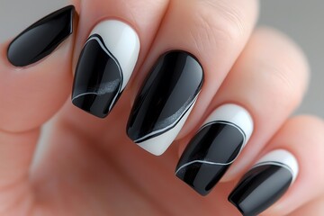 Nail polish design, manicure and trends: Black and white minimalist nails with abstract patterns, contemporary graphic design-inspired manicure.