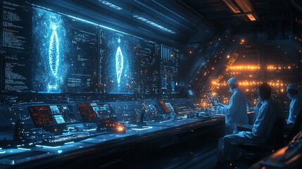 A futuristic lab where scientists are analyzing biological samples using bioinformatics and artificial intelligence tools. 343