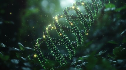 A conceptual image of bioinformatics enhancing environmental research, with genetic data being analyzed from ecosystems. 394