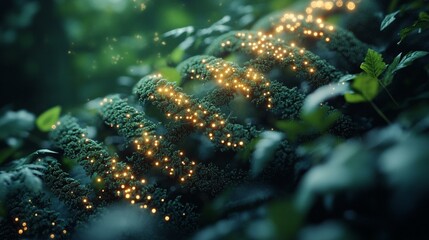A conceptual image of bioinformatics enhancing environmental research, with genetic data being analyzed from ecosystems. 395