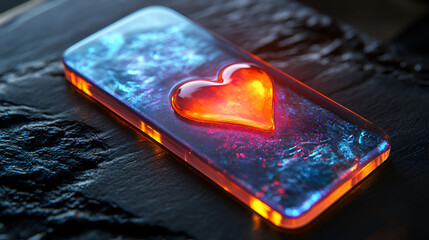 A glowing heart on a smartphone screen shows love, technology, warmth, emotion, fire, and connection