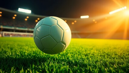 Naklejka premium A football on lush grass, softly lit by stadium lights with a cinematic feel. 