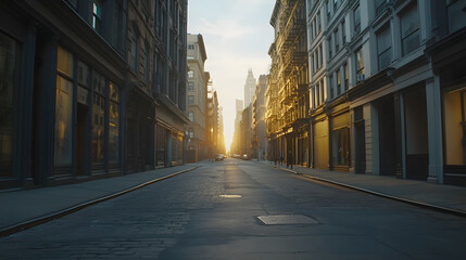 empty street in SoHo at sunrise, New York City urban landscape