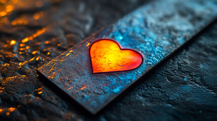 A glowing heart on a smartphone screen shows love, technology, warmth, emotion, fire, and connection