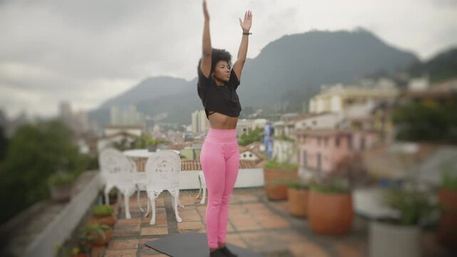 A Black Woman&rsquo;s Yoga Practice in the city Black Model Smiling Happy Relaxing