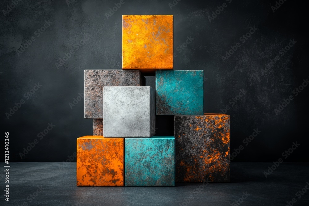 Poster a vibrant 3d rendering of a zinc ingot stack, arranged on an industrial platform with intricate meta