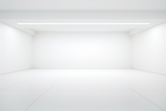 Modern minimalist interior design featuring an empty white room with tiled floor and ceiling lights, creating a bright and spacious atmosphere