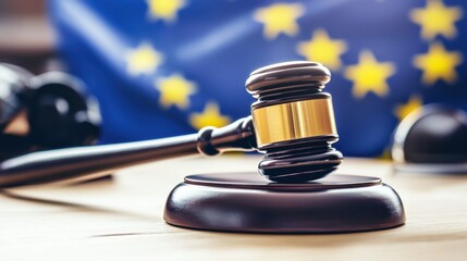 Close-up of a wooden gavel with a European Union flag in the background, symbolizing law, justice, and international governance.