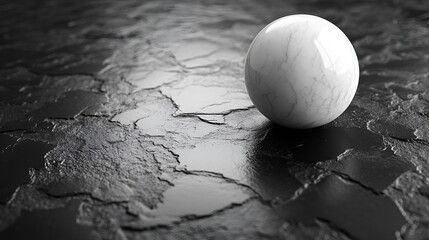 
A shiny, white ball sits on a dark, patterned surface, reflecting light from below