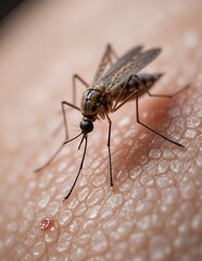 High-resolution close-up of a mosquito in the act of feeding on human skin