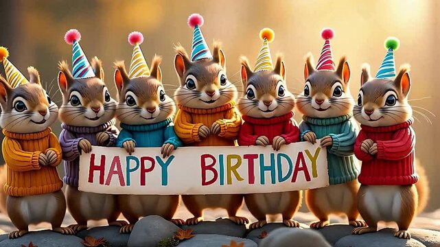 Cute Chipmunks Holding a Happy Birthday Sign Video