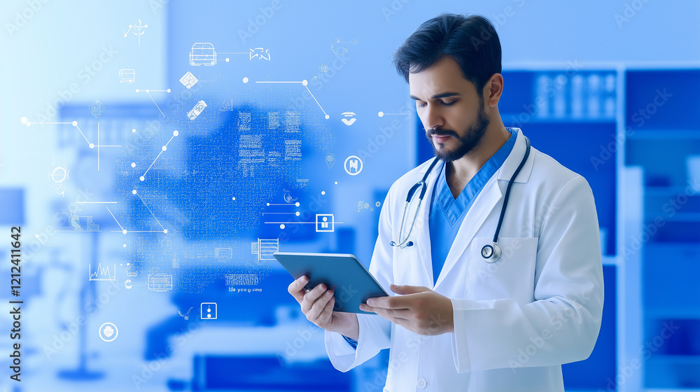 Poster bright clinical setting with a physician using a tablet to cross-reference patient symptoms with an 