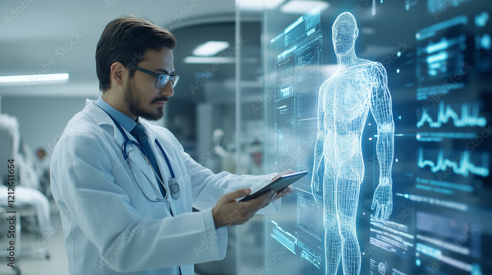 Poster bright clinical setting with a physician using a tablet to cross-reference patient symptoms with an 