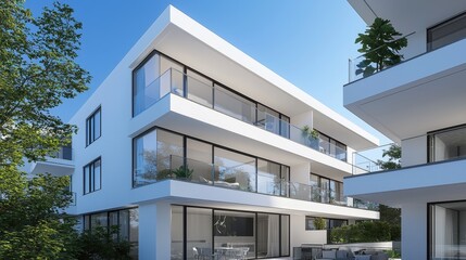  Contemporary apartment building with large balconies and glass windows against a blue sky, symbolizing modern living and architecture.
