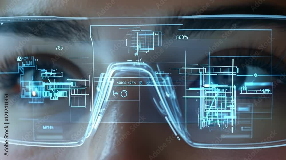 Poster a closeup of smart glasses revealing a 3d blueprint of a factory layout as a worker navigates the sp