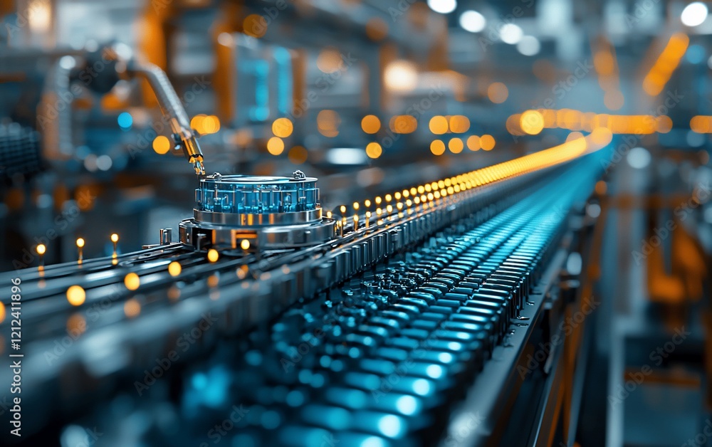 Poster automated glass production line with glowing components.