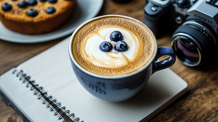Hot coffee latte with latte art milk foam in cup made of paper and camera in notebook blueberry cake on wood desk on top view as breakfast in a coffee shop at the cafe during business work concept