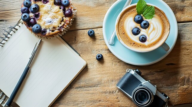 Hot coffee latte with latte art milk foam in cup made of paper and camera in notebook blueberry cake on wood desk on top view as breakfast in a coffee shop at the cafe during business work concept