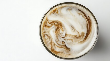 A glass of iced coffee with visible milk swirls, top view, on a white background, minimalistic style 