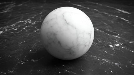 
A shiny, white ball sits on a dark, patterned surface, reflecting light from below