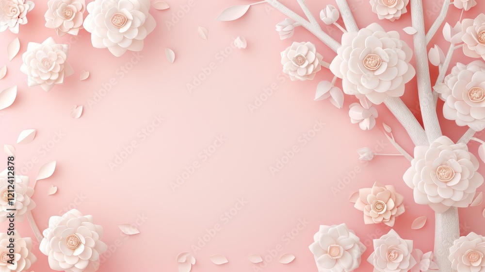 Poster White Paper Flowers on a Soft Pink Background with Subtle Leaves Creating a Serene and Chic Decorative Scene for Various Design Projects
