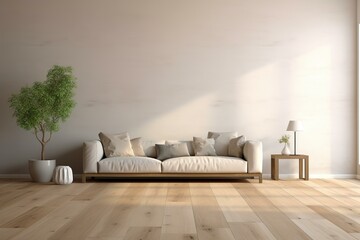 Minimalist interior design featuring a beige sofa, wooden furniture, potted plants, and a parquet floor, creating a serene and stylish living space