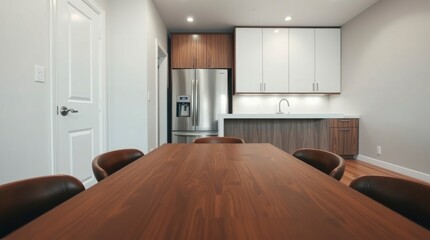 Modern Kitchen and Dining Area: Walnut Table, Stainless Steel Appliances