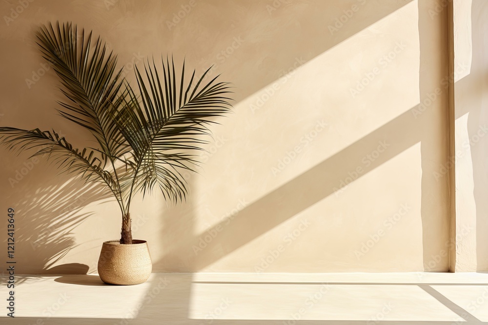 Poster sunlight streaming through window illuminating areca palm tree in pot, creating beautiful shadows on