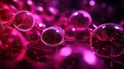 Microscopic view of interconnected spheres, vibrant pink hues, intricate network.