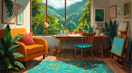 Sunny Art Studio with Mountain View Colorful Decor