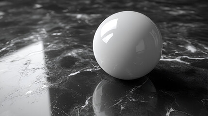 
A shiny, white ball sits on a dark, patterned surface, reflecting light from below