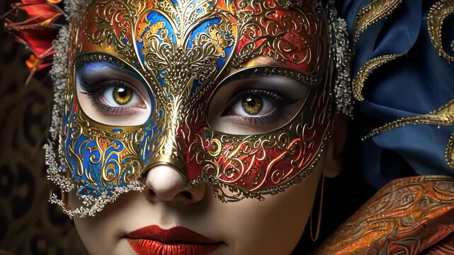 Woman face wear beautiful  masquerade mask. Carnival party festival of jewish hamantaschen costume.