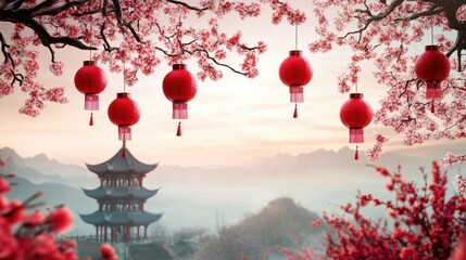 Serene new year celebration with pagodas and plum trees tranquil landscape scenic view chinese culture