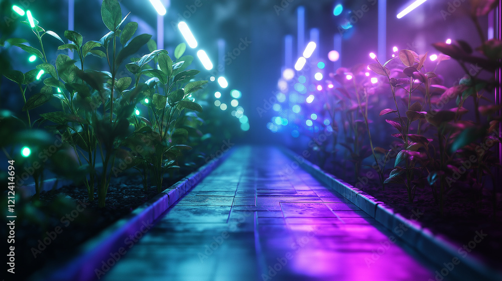 Poster a glowing garden with plants emitting multicolored light, cared for by ai-controlled robots symboliz