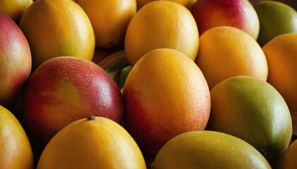 Fresh mangoes on wooden surface
