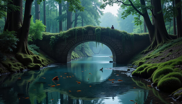 Mysterious troll resting under stone bridge by misty river, fairytale magic