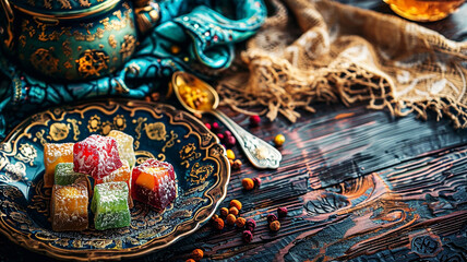 Colorful pieces of Turkish delight on a decorative plate, a traditional oriental treat for the Ramadan holiday