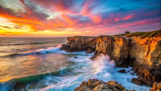 Dramatic sunset over rocky ocean cliffs with waves crashing.