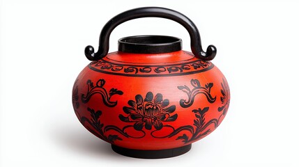 Decorative Red Vase with Floral Patterns and Black Accents