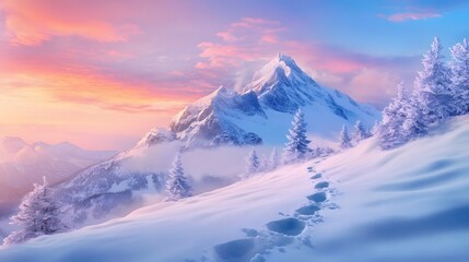 Majestic snow capped mountain peak at sunrise with footprints in snow