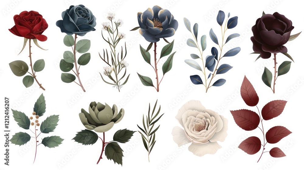 Poster collection of botanical elements illustrations featuring diverse flowers and greenery in soft color 