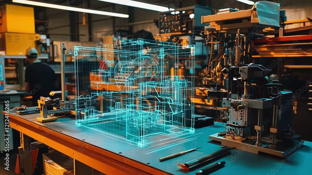 Poster a factory workers eyes widen as they interact with a floating hologram detailing the assembly steps 