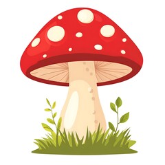 Red mushroom on grass, illustration, nature, cartoon style, graphic design
