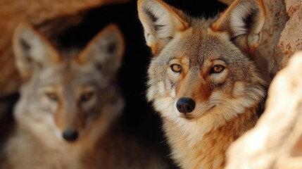 Fototapeta premium Two wild coyotes peer out from the dark entrance of their rocky den during the day.