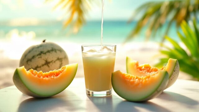 A refreshing glass of melon juice on a sunny beach