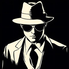 Stylish man in fedora and sunglasses, black and white illustration, possible use as a poster or print
